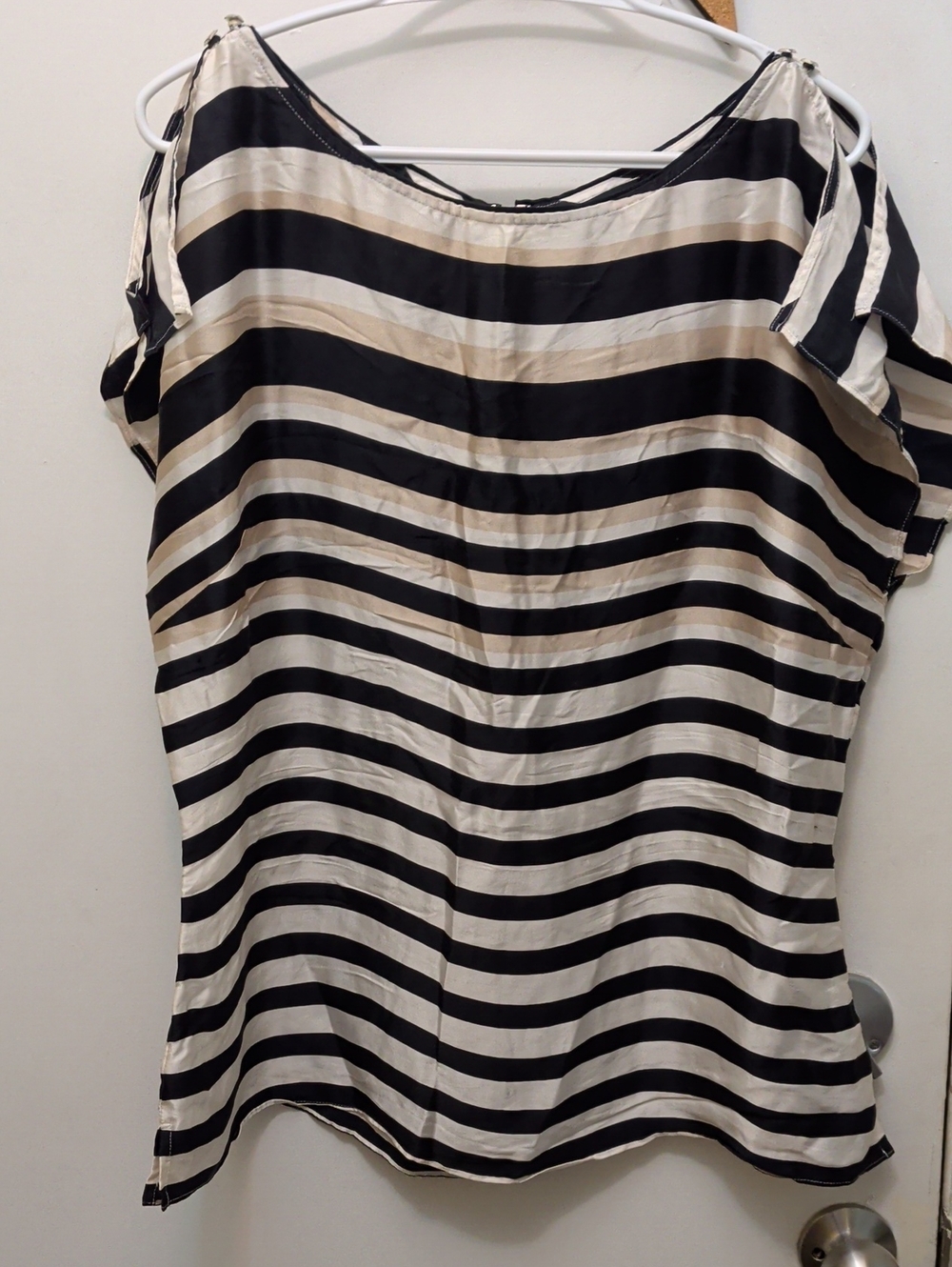 White House Black Market Black & Cream Striped Cold-Shoulder Blouse